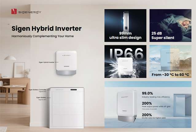 Sigenergy Sigen Hybrid Inverter och SigenStor batterisystem — 99 mm slim design, 25 dB tystgående, IP66, drift -30°C till 60°C